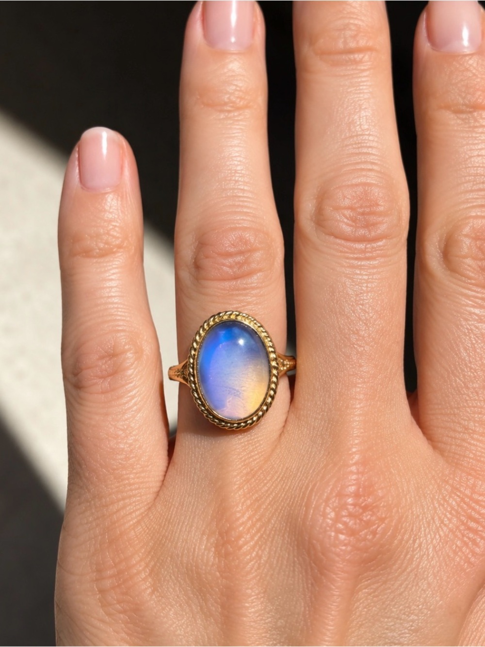 Vintage Style Gold Tone Blue Opalescent Oval Cabochon Ring Size 7